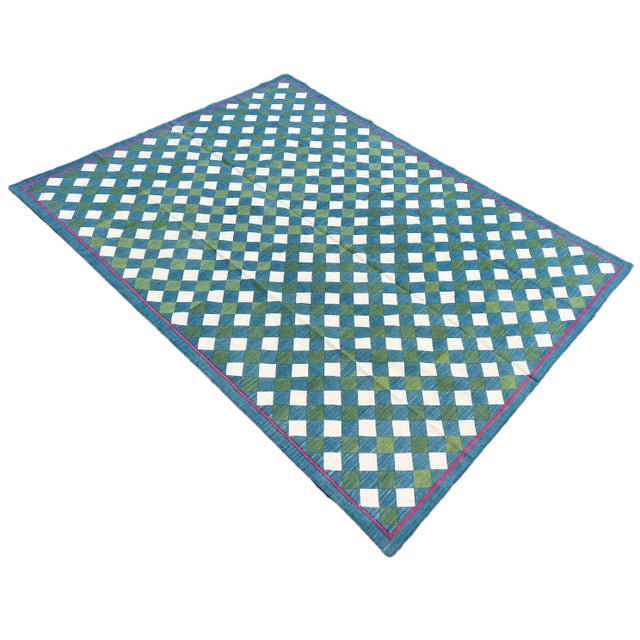 Mid-Century Modern Handmade Cotton Vegetable Dyed Checked Gingham Area Rug Teal Blue With Cream and Forest Green - 8'x10' For Sale - Image 3 of 10