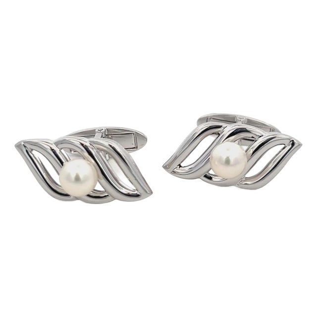1990s Mikimoto Estate Akoya Pearl Mens Cufflinks Silver, 2 Pieces For Sale