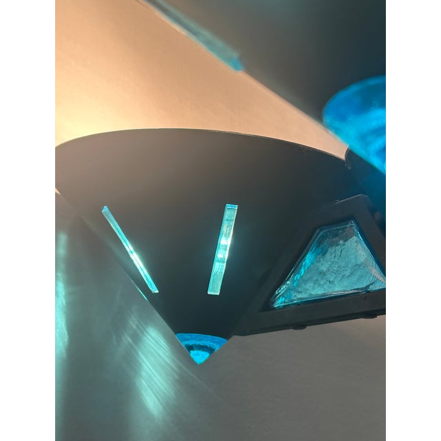 Metal 3-Light Chandelier with Blue Murano Glass Details, 1980s For Sale - Image 3 of 10