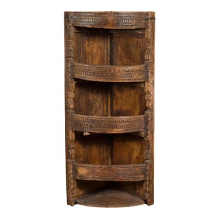 Rustic Indian 19th Century Corner Cabinet with Carved Motifs and Shelves For Sale