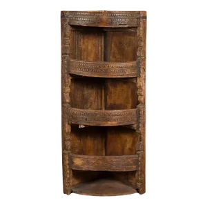 Rustic Indian 19th Century Corner Cabinet with Carved Motifs and Shelves