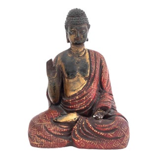 Burmese Seated Buddha Polychromed Wood Sculpture For Sale