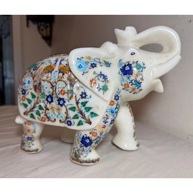 White Large Vintage Inlaid White Marble Marquetry Stone Elephant Statue Sculpture 17Lbs For Sale - Image 8 of 17