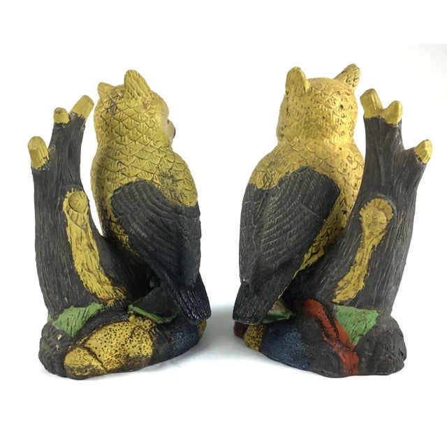 1950s Yellow Painted Mid Century Clay Owls - a Pair For Sale - Image 4 of 12