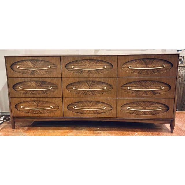 Original retail $7692, timeless Revelation Modern Art Deco Style Tiger Eye Door Chest, oak case with oval Paladao wood cut...