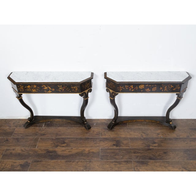 English Chinoiserie Black and Gold Console Tables with White Marble Tops, a Pair For Sale - Image 10 of 12
