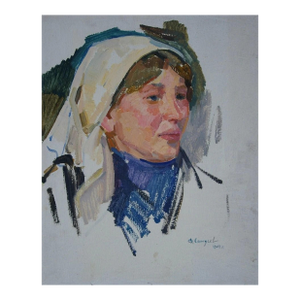 Ukrainian Portrait Painting, Soviet Woman, Original Oil on Cardboard, 1975 50-40
