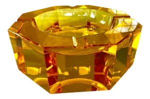 Mid-Century Moser Crystal Ashtray in Yellow/Amber Marked “Moser”