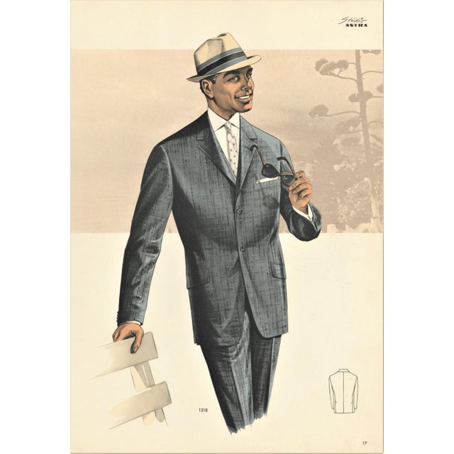 This is a mid-century men’s fashion plate from a 1963 summer collection of a French tailoring portfolio from Astra...