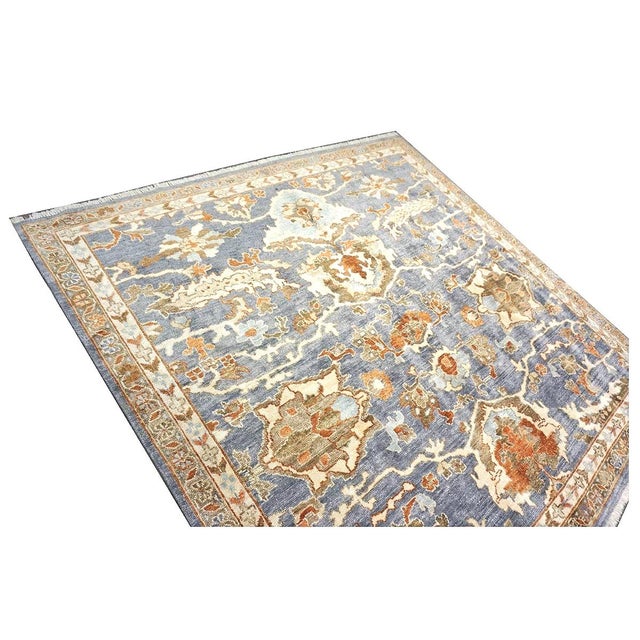Indian Indian Sultanabad Silk 6x6 Blue, Orange & Ivory Handmade Square Area Rugs #1143145 For Sale - Image 3 of 15