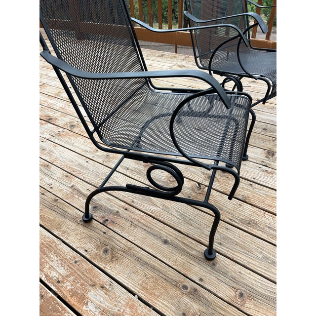 Mid-Century Modern Vintage Woodard Style Black Wrought Iron Mesh High-Back Coil Spring Patio Chairs - A Pair For Sale - Image 3 of 4