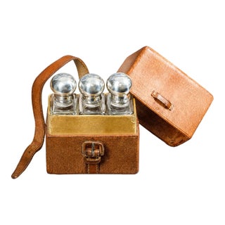 Set of 3, Edwardian Pigskin Leather Travel Case With Sterling Silver Top Treble Spirit Flasks Bottles For Sale