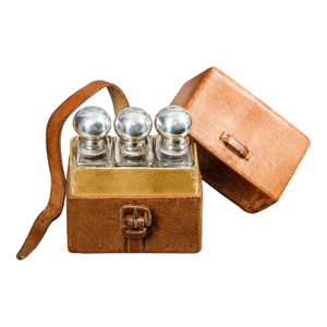 Set of 3, Edwardian Pigskin Leather Travel Case With Sterling Silver Top Treble Spirit Flasks Bottles