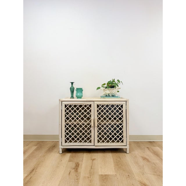 Vintage Cream Rattan Lattice Cabinet Coastal Tropical Hollywood Regency For Sale - Image 4 of 17