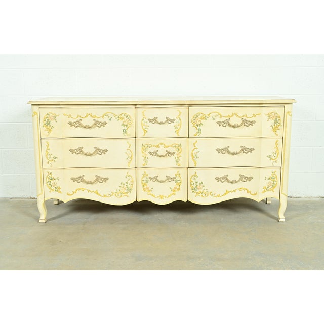 Drexel Heritage French Provincial Louis XV Cream Lacquered Paint-Decorated Triple Dresser or Credenza, 1970s For Sale - Image 13 of 13
