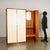 Furnishings consisting of a clothes hanger compartment with hinged doors, mirror, open shelf and drawer, side storage...