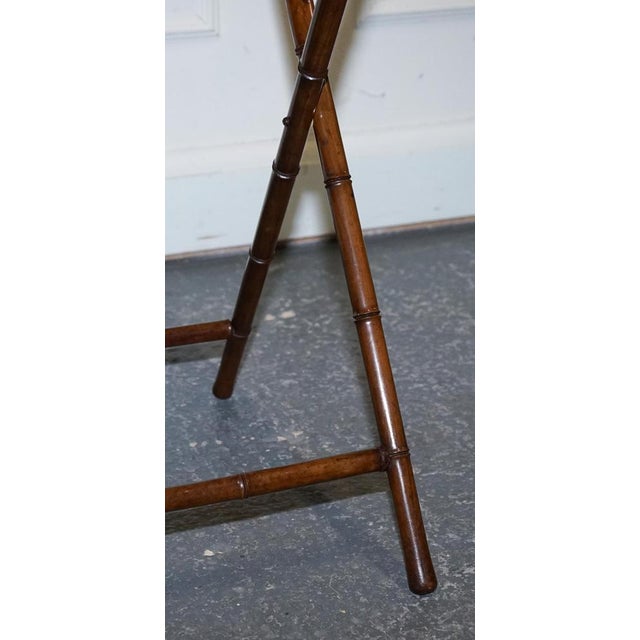 Gold Victorian Double Sided Serving Tray on Bamboo Stand Brass Handles Marquetry Top For Sale - Image 8 of 18