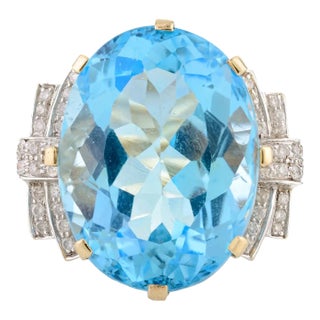 35.2 Ctw Bohemian Chic Sky Blue Topaz & Diamond Cocktail Ring Size 5 For Sale