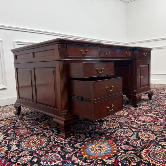 English Partner Desk with Green Leather For Sale - Image 13 of 18