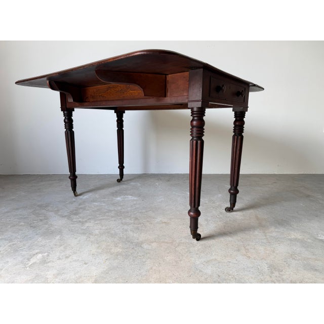 Antique English Regency Solid Mahogany Pembroke Drop-Leaf Table With Drawer & Original Casters For Sale In Miami - Image 6 of 12