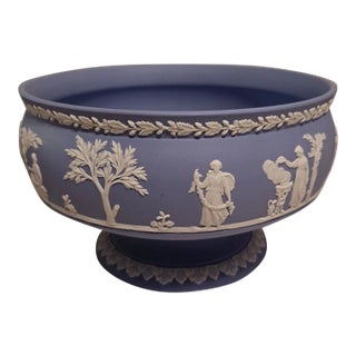 Vintage MCM Wedgwood Blue Jasperware Large Imperial Pedestal Bowl For Sale