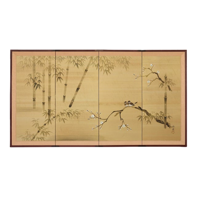 Japanese Showa Four Panel Screen Spring Bamboo Landscape For Sale