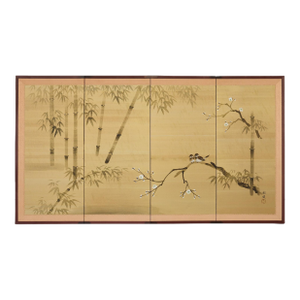 Japanese Showa Four Panel Screen Spring Bamboo Landscape