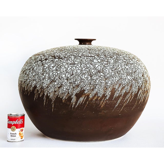 Vintage Overscale Organic Raku Studio Pottery Vase with Textures, 1980s Offered for sale is an impressive and extremely...