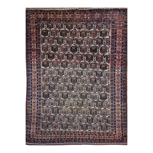 Antique Afshar Tribal Rug, Hand-Knotted Wool, Allover Paisley Pattern, Ivory & Red, 5x7 For Sale