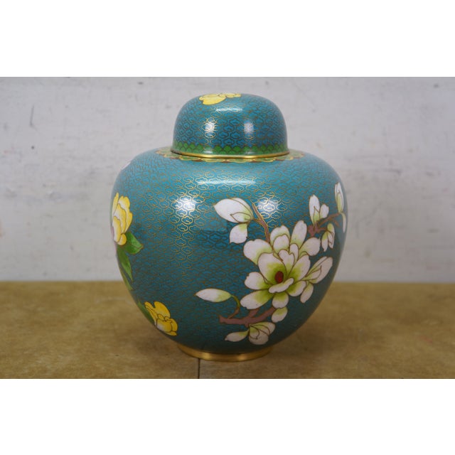 Antique Chinese Brass Cloisonne Enamel Cherry Blossom Ginger Jar Vase Urn 7" For Sale - Image 4 of 16