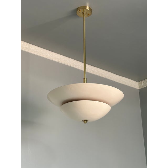Cream Color Pendant Light Fixture With White and Antique Brass Finish For Sale - Image 12 of 12