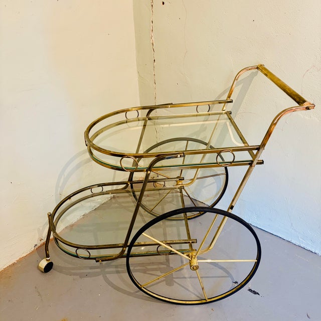 Vintage Hollywood Regency Brass & Glass Two-Tier Bar Cart For Sale In Los Angeles - Image 6 of 12