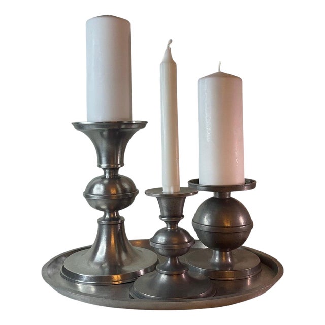 Swedish Pewter Candlesticks by Edvin Ollers for Schreuder & Olsson, 1938, Set of 4 For Sale