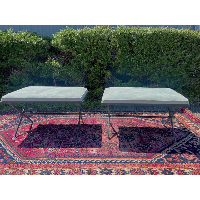 Campaign Vintage Iron X Base Blue Suede Benches - a Pair For Sale - Image 3 of 10