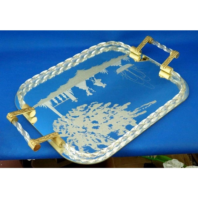 1940s Large 20th Century Mirrored Tray in Murano Glass and Gilded Brass attributed to the Barovier & Toso Glassworks, Italy, 1940s For Sale - Image 5 of 18