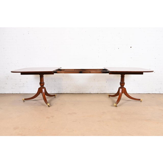 Baker Furniture Style Georgian Banded Mahogany Double Pedestal Extension Dining Table, Newly Refinished For Sale In South Bend - Image 6 of 12