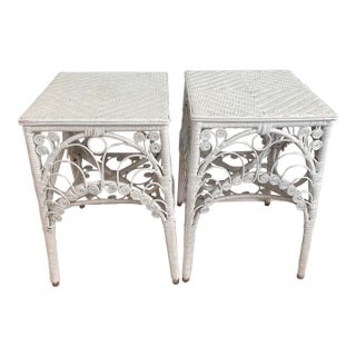 Pair of Vintage Fiddle Head Wicker Side Tables For Sale