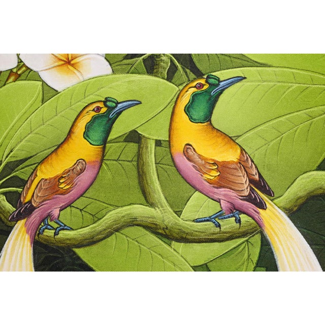 Beautiful Balinese painting of a Bird of Paradise pair with white plumeria and vibrant green leaves. Acrylic on canvas....