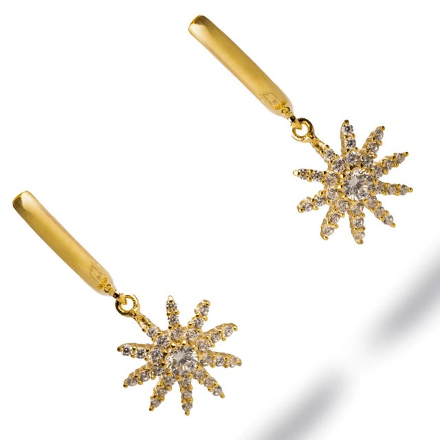 Early 21st Century Minimalist Gold Hook Spiritual Sun Dangle Earrings, A Pair For Sale - Image 5 of 7