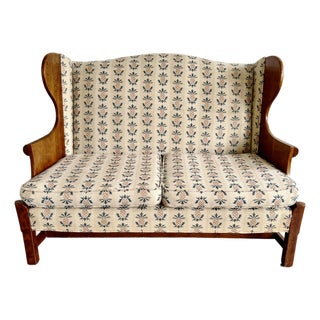 Signed Vintage Stickley "Connecticut Valley" Wingback Settee in Original Pineapple Fabric For Sale