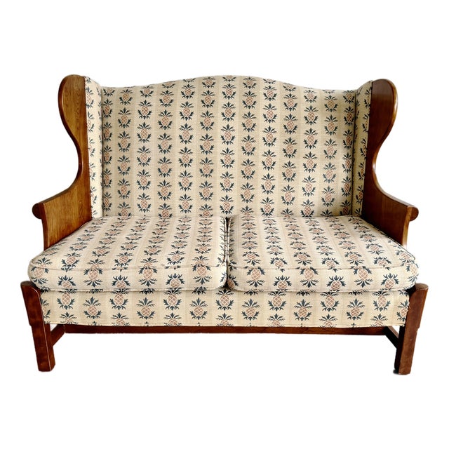 Signed Vintage Stickley "Connecticut Valley" Wingback Settee in Original Pineapple Fabric For Sale
