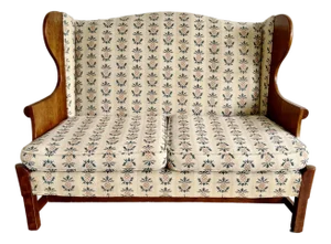 Signed Vintage Stickley "Connecticut Valley" Wingback Settee in Original Pineapple Fabric