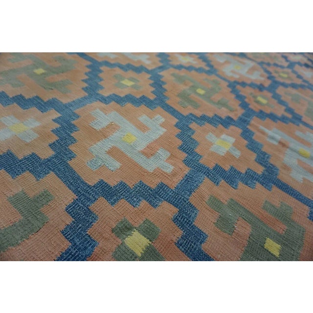Textile 1930s Blue Orange Geometric Antique Indian Cotton Dhurrie Carpet Flatwoven Rug For Sale - Image 7 of 12