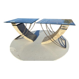 Vintage Postmodern Tessellated Stone & Glass Sculptural End Side Tables À Pair For Sale