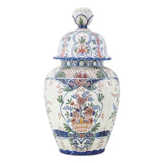 Vintage Dutch Delft Polychrome Lidded Ginger Jar in Floral Pattern For Sale