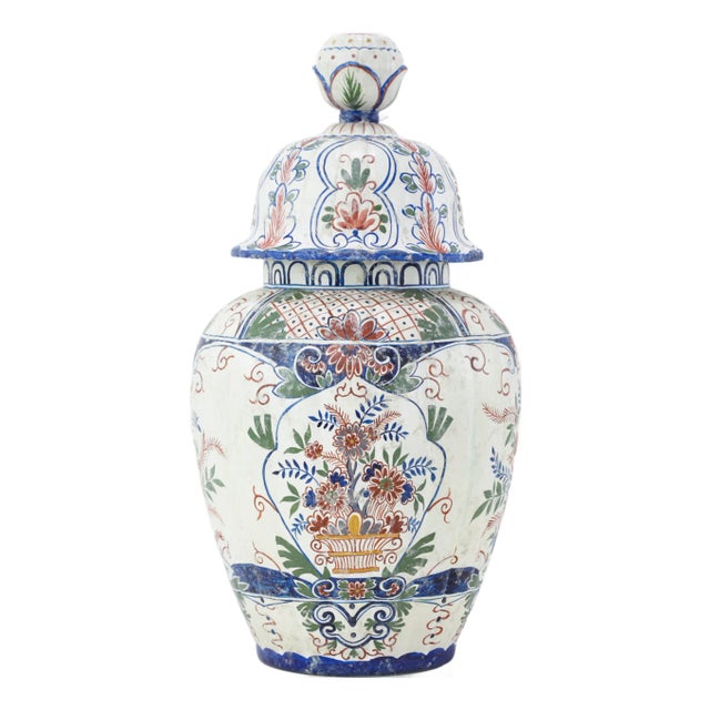 Vintage Dutch Delft Polychrome Lidded Ginger Jar in Floral Pattern For Sale