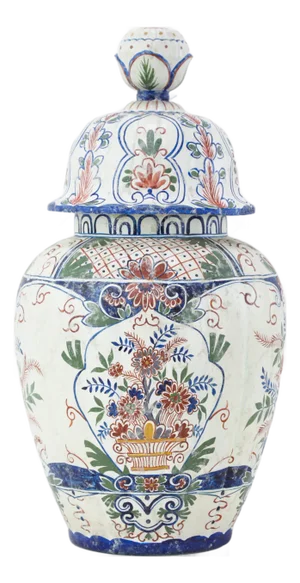 Vintage Dutch Delft Polychrome Lidded Ginger Jar in Floral Pattern