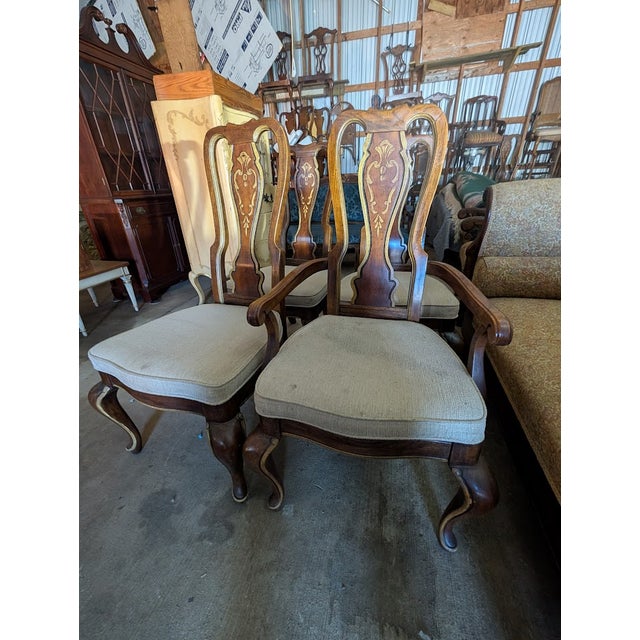 Mid 20th Century Set of 6 Vintage Gilt-Inlaid Dining Chairs 2 Armchair + 4 Side Chairs With Gold Scrollwork, Cabriole Legs & French Provincial Sty For Sale - Image 5 of 16