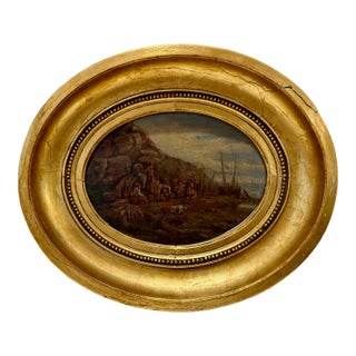 Antique Oval Oil Painting Coastal Genre Scene Gilt Wood Frame 19th Century For Sale