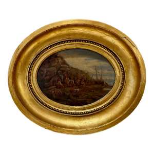 Antique Oval Oil Painting Coastal Genre Scene Gilt Wood Frame 19th Century